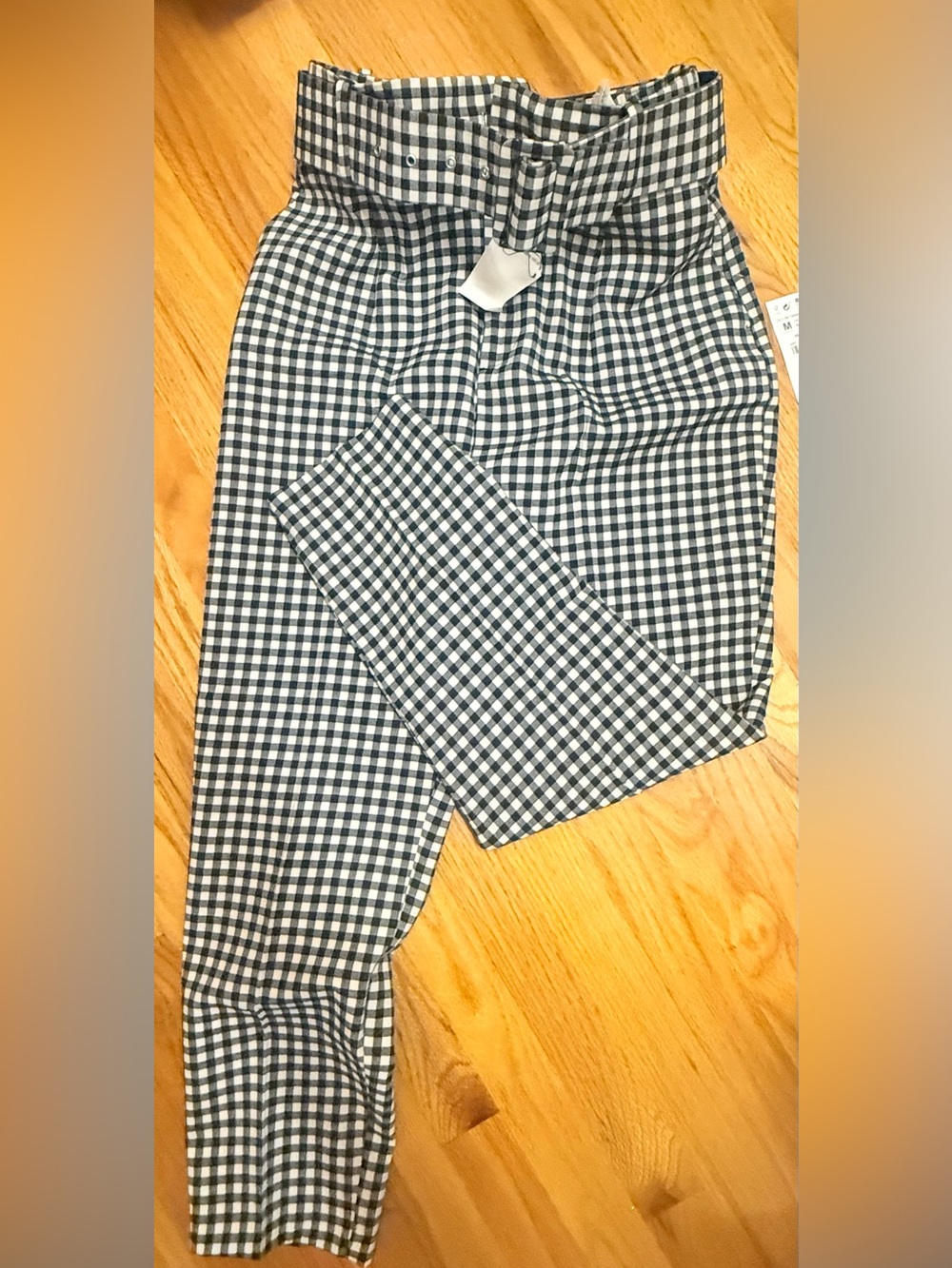 Women’s Black & White Gingham Paperbag Waist Pants with belt